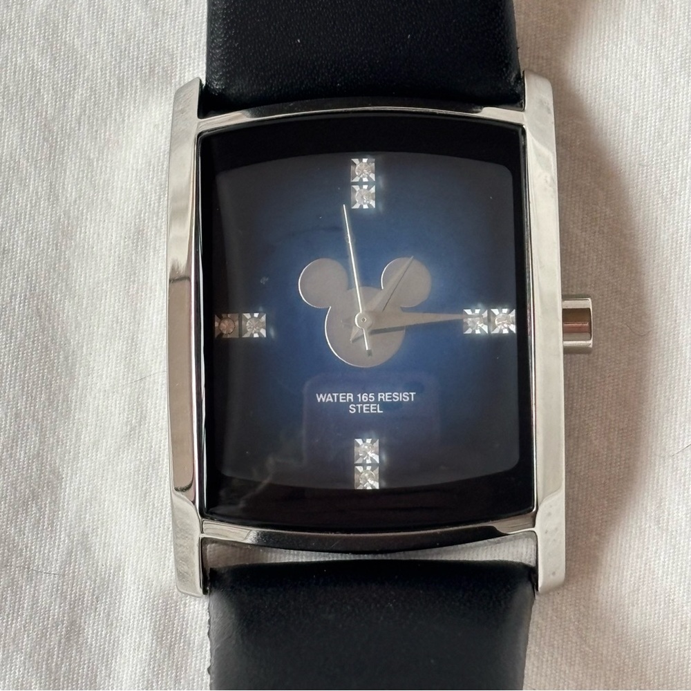Disney Black Leather Watch with Black Dial. Original metal Box. New Battery
